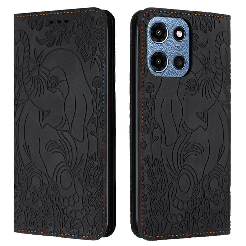 Moto G 2025 Retro Elephant Embossed Leather Phone Case - Black